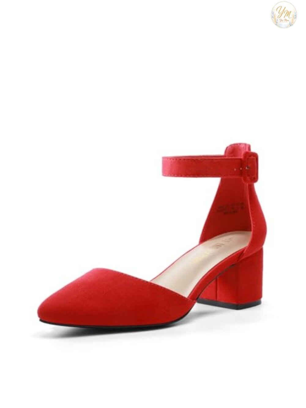 Pointed Toe Low Block Heel Pumps With Ankle Strap & Buckle